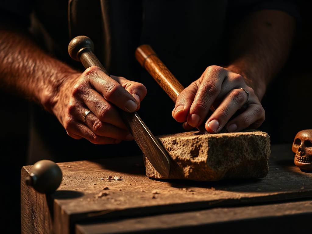 Craftsman's hands with chisel and hammer symbolizing skilled makers