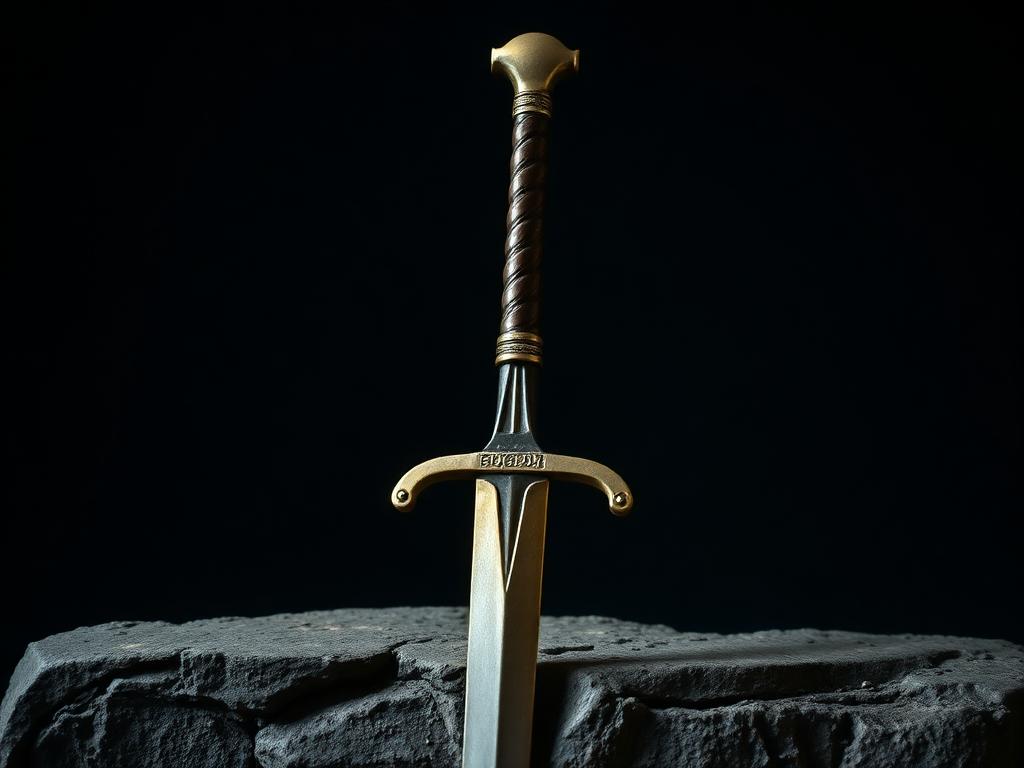 Ancient sword resting on stone symbolizing order and character